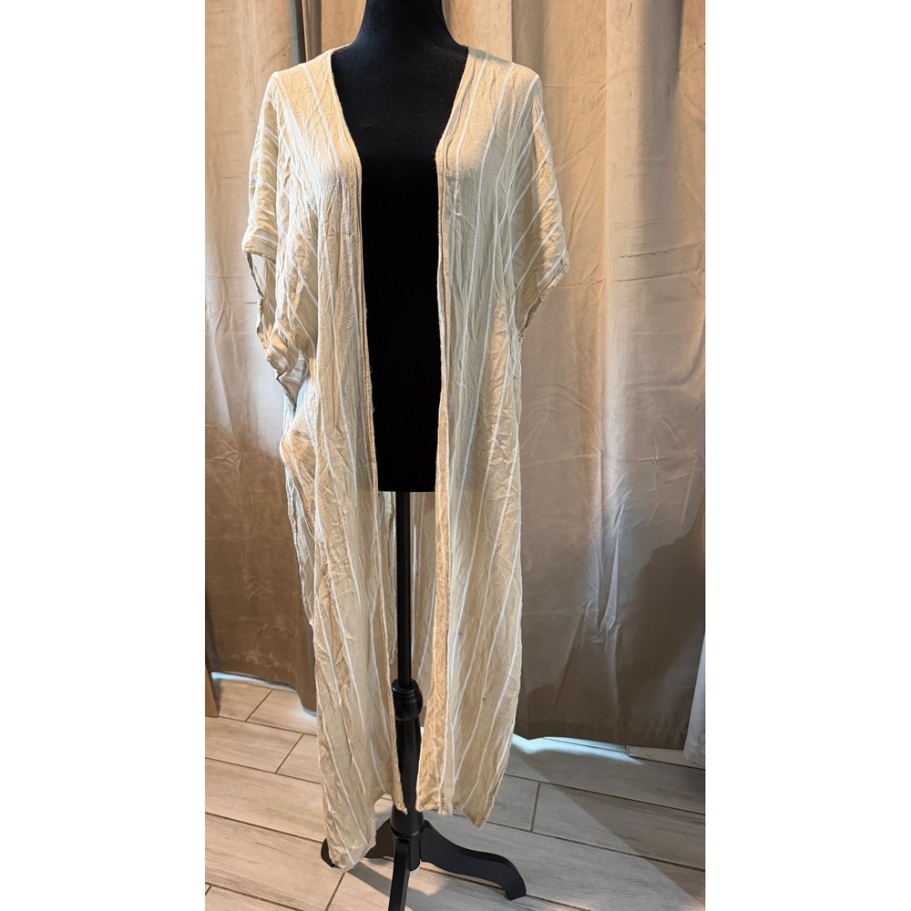 Mustard Seed Tan White Striped Kimono Duster Cardigan Rayon Boho Beach Coverup M